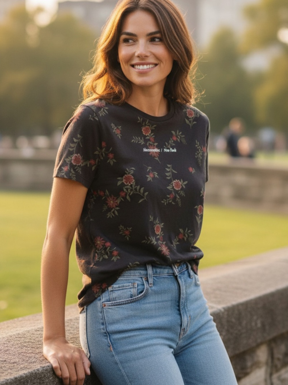 Abercrombie & Fitch Black Floral Logo Tee with Red Blooms
